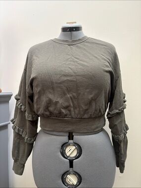 Garage Olive Ruffle-Sleeve Cropped Sweatshirt